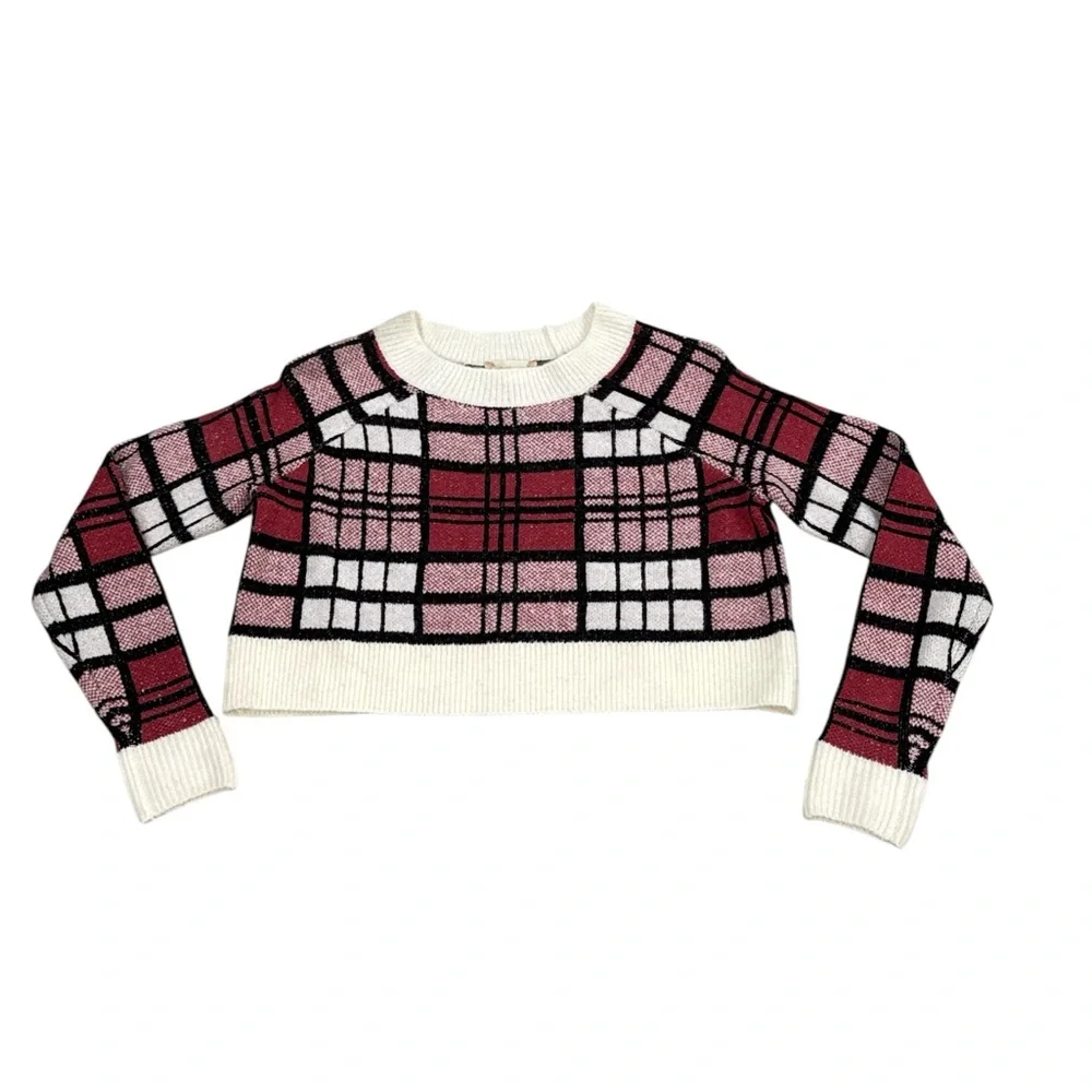 Altar’d State Pink White Plaid Pullover Cropped Sweater